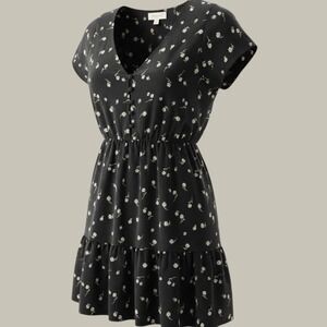 Passport Black Floral Mini Dress with White & Green Daisy Print Fabric Covered